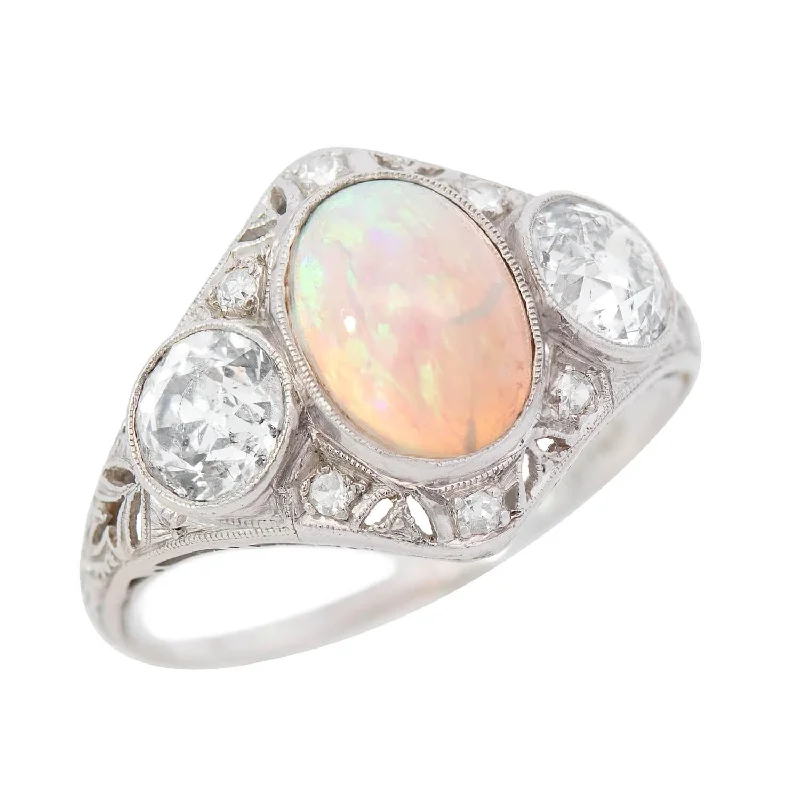 women’s floral engagement rings-Art Nouveau Platinum Opal & 2.40ctw Diamond Ring