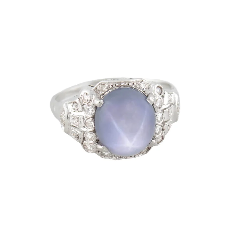 unique engagement rings for women-Art Deco Platinum 3.0ct Star Sapphire Cabochon + Diamond Ring