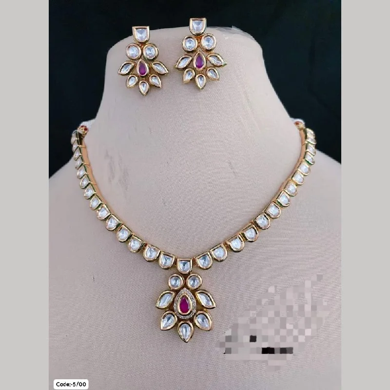 women’s gold necklaces-FS Collection Gold Plated  Kundan Stone Necklace Set