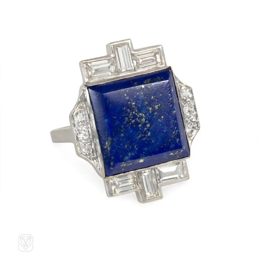 elegant engagement rings for women-Art Deco lapis and diamond ring