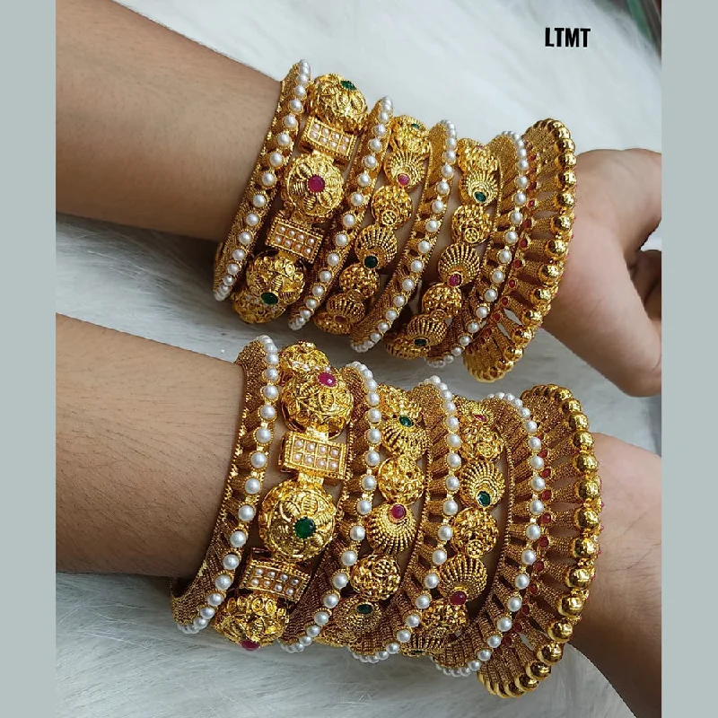 adjustable leather bangles-Lucentarts Jewellery Pink & Green Pota Stone Gold Plated Bangles Set