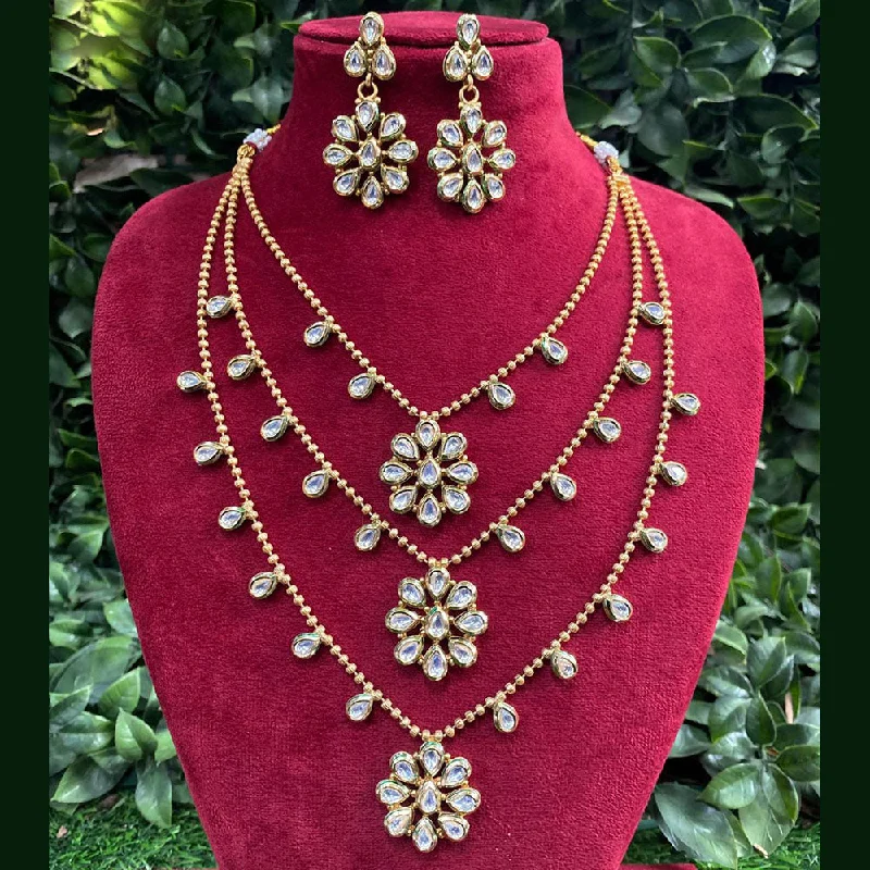 crystal necklaces for women-Royal Kundan Jewellery Gold Plated Crystal Stone Multi Layer Necklace Set