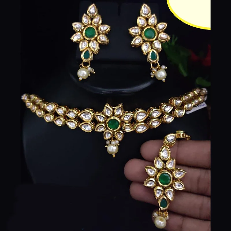 women’s engraved infinity necklaces-FS Collection Gold Plated Kundan Stone Choker Necklace Set