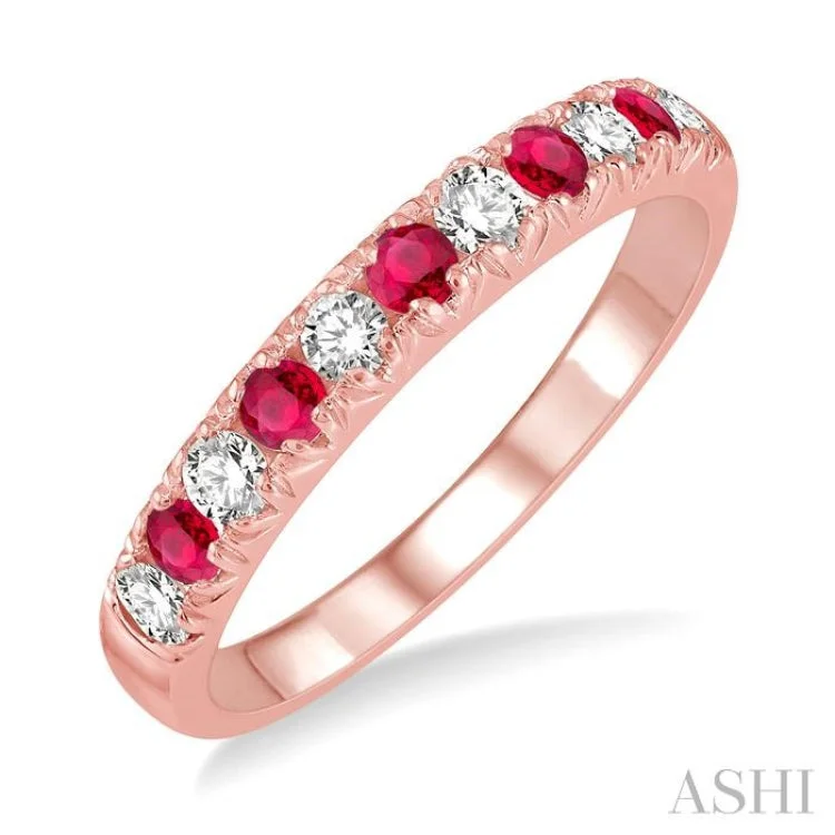 stylish rings for women-1/4 ctw Round Cut Diamond and 2.3MM Ruby Precious Wedding Band in 14K rose Gold