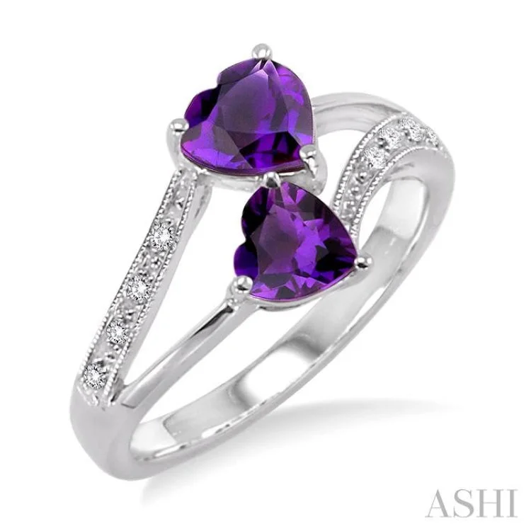 women’s custom platinum engagement rings-5 & 6MM Heart Shape Amethyst and 1/20 Ctw Round Cut Diamond Ring in 14K White Gold