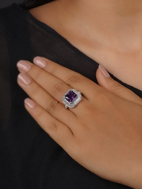 emerald-cut diamond engagement rings-Purple Color Silver Plated Faux Diamond Ring - CZRNG101PR