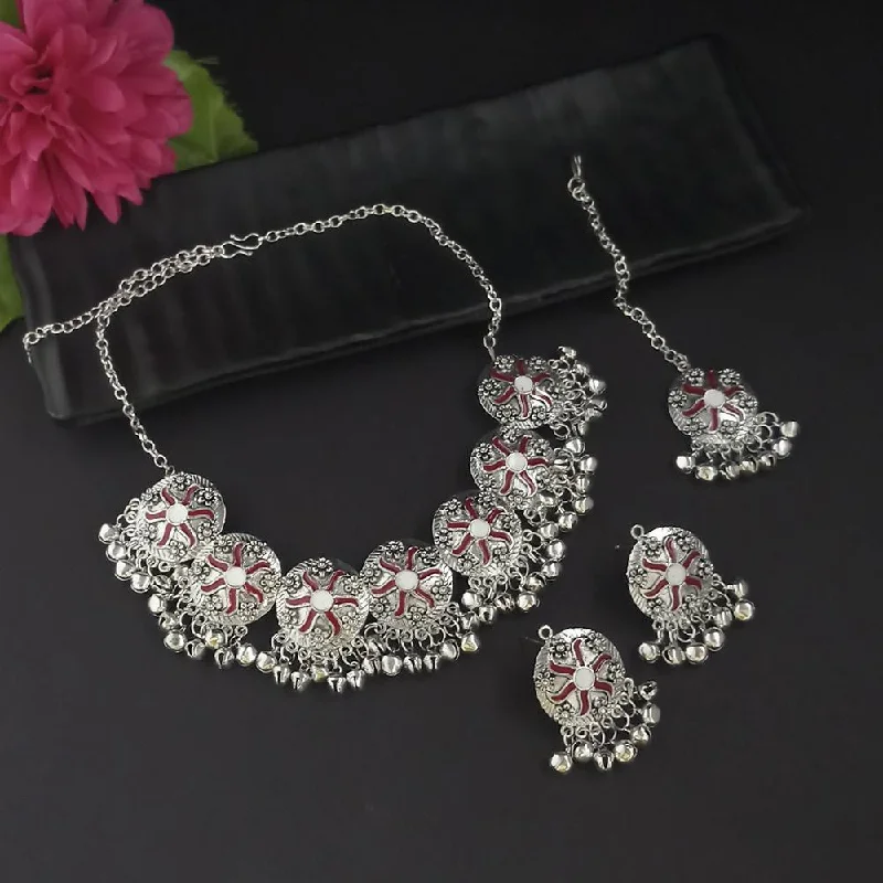 gold-plated necklaces for women-Kriaa Oxidised Plated Red Meenakari Necklace Set With Maang Tikka - 1116016H