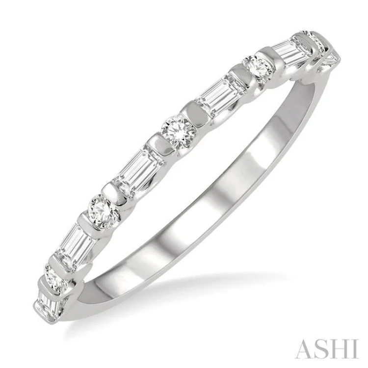 classic rings for women-3/8 Ctw Baguette and Round Cut Diamond Stackable Band in 14K White Gold