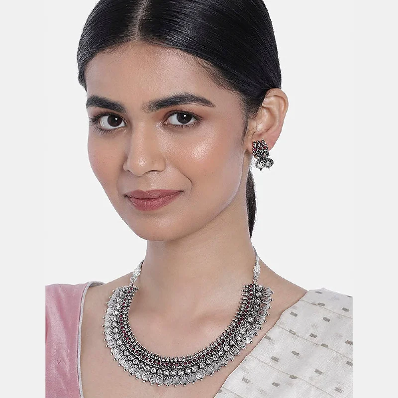 multi-color necklaces for women-Etnico 18K Silver Oxidised Traditional South Indian Style Coin Necklace With Earrings For Women & Girls (MC062ZQ)