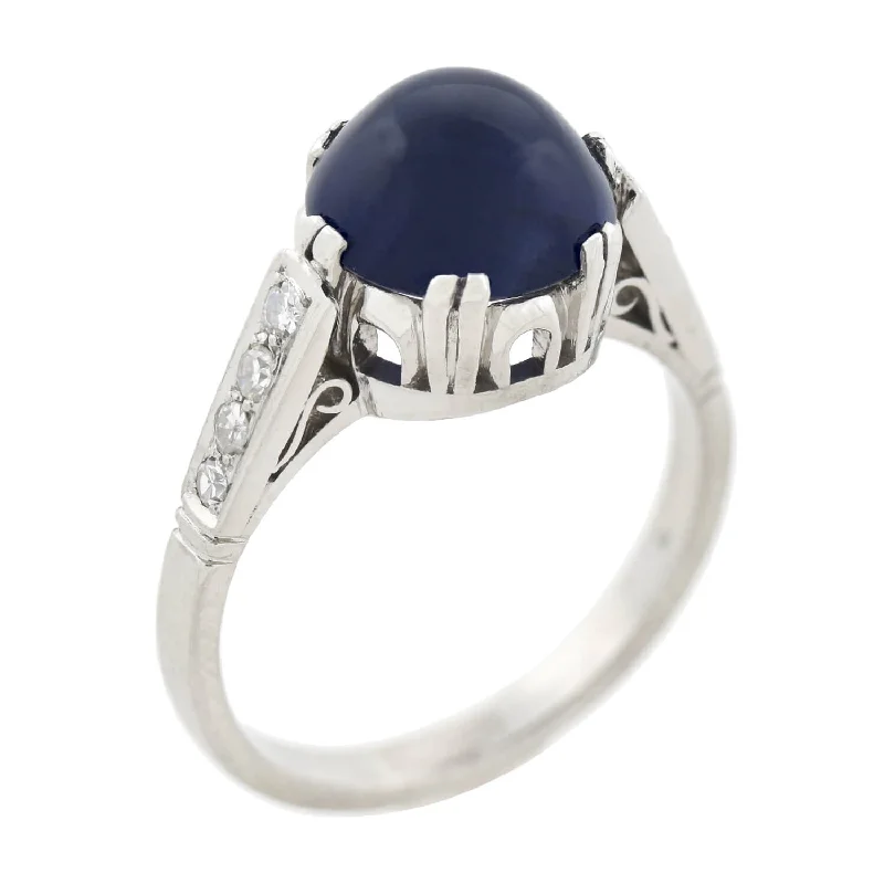 elegant engagement rings for women-Art Deco Platinum Sapphire Cabochon + Diamond Ring 2.25ctw center