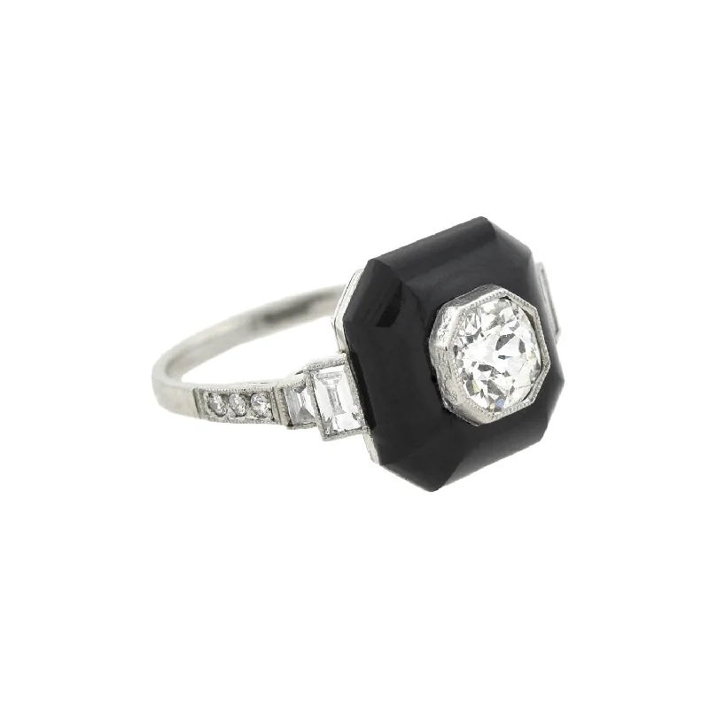 luxury engagement rings for women-Art Deco Platinum Onyx + Diamond Ring