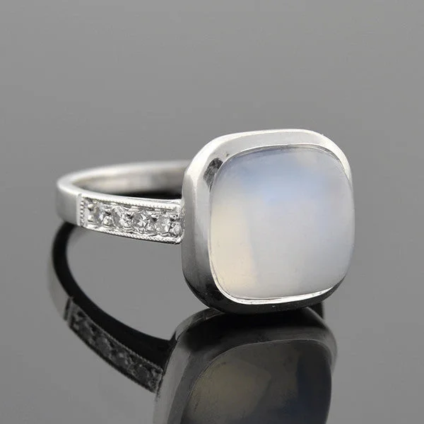 engagement rings with black diamonds-Art Deco 14k Moonstone & Diamond Ring