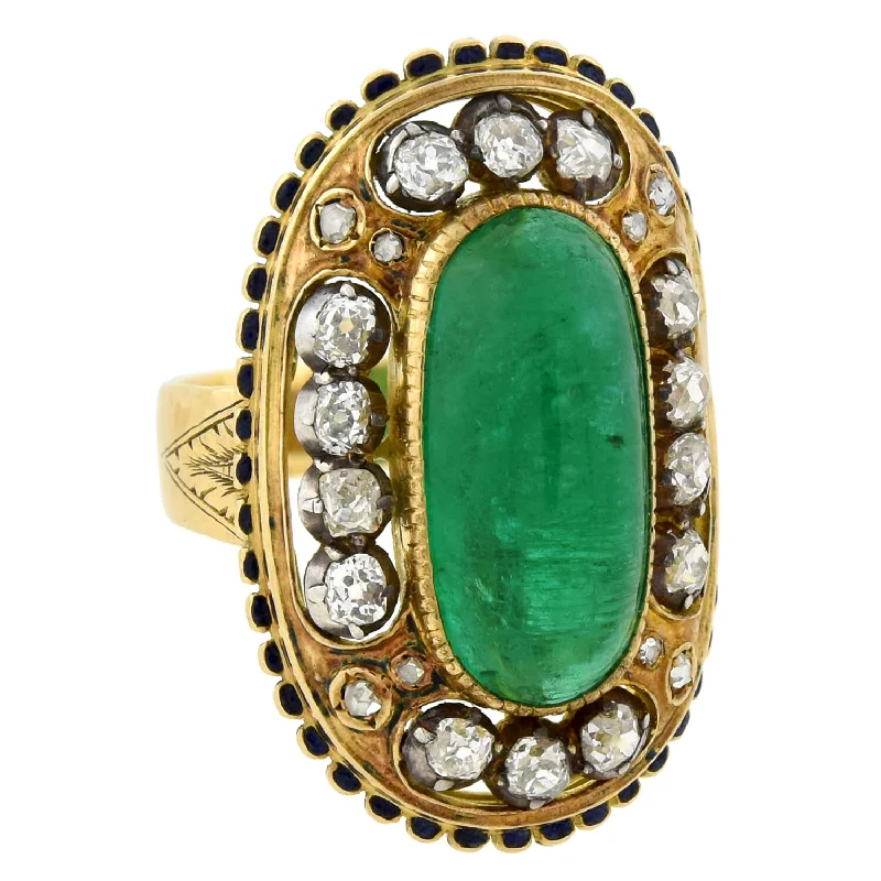 women’s oval-cut engagement rings-Art Nouveau 18kt/Sterling Large Enameled 6.50ct Emerald + Diamond Ring