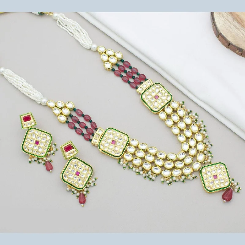 trendy layered chain necklaces-Kavita Art Gold Plated Kundan Stone And Pearls Long Necklace Set