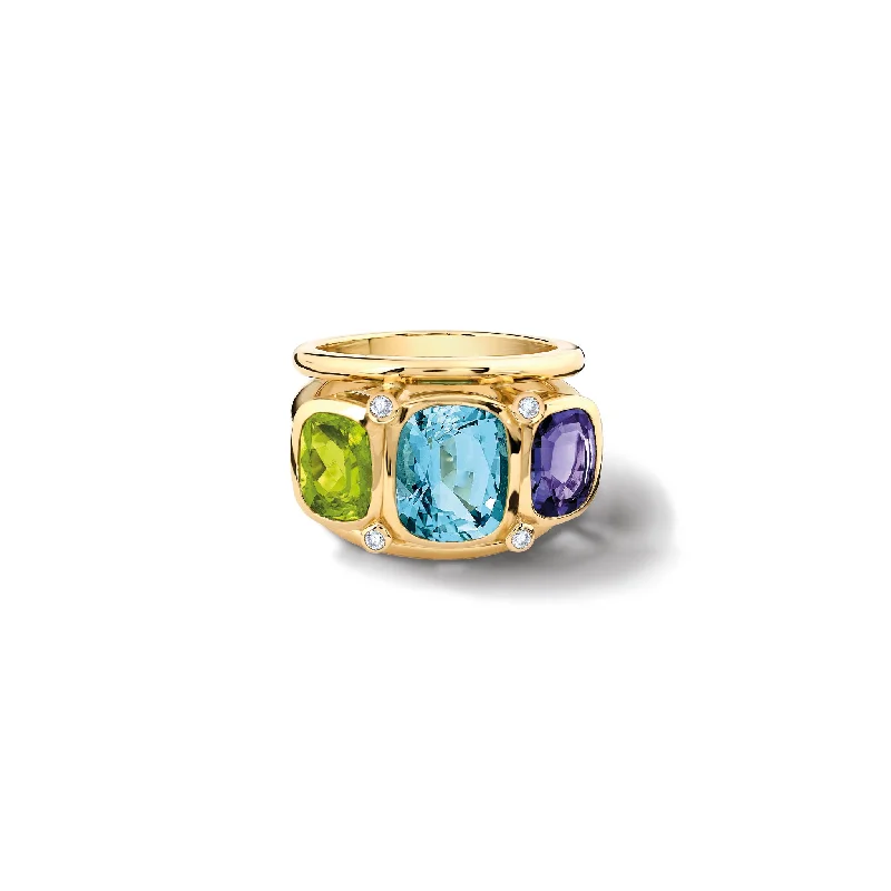 women’s art deco engagement rings-Ozymandias Ring 18ct Yellow Gold -  Blue Topaz, Peridot, Iolite & Diamond Ring