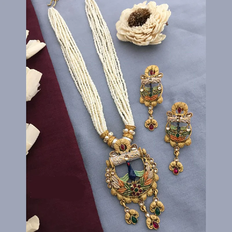 statement necklaces for women-FS Collection Gold Plated Kundan Stone And Pearls Long Necklace Set