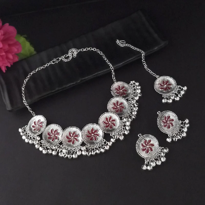 pearl drop necklaces for women-Kriaa Oxidised Plated Red Meenakari Necklace Set With Maang Tikka - 1116013H