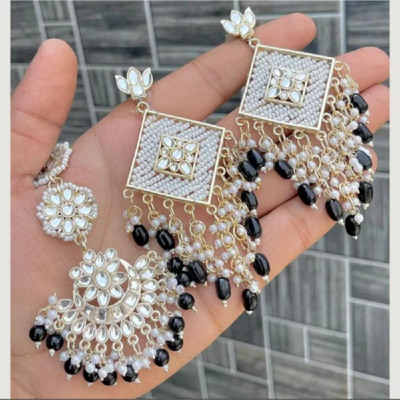 diamond earrings for women-SNERA Gold Plated Kundan Stone And Beads Dangler Earrings With Maangtikka