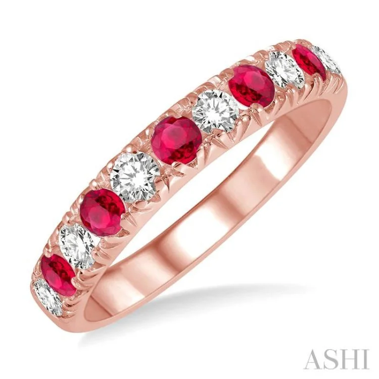 custom rings for women-3/8 ctw Round Cut Diamond and 2.6MM Ruby Precious Wedding Band in 14K rose Gold