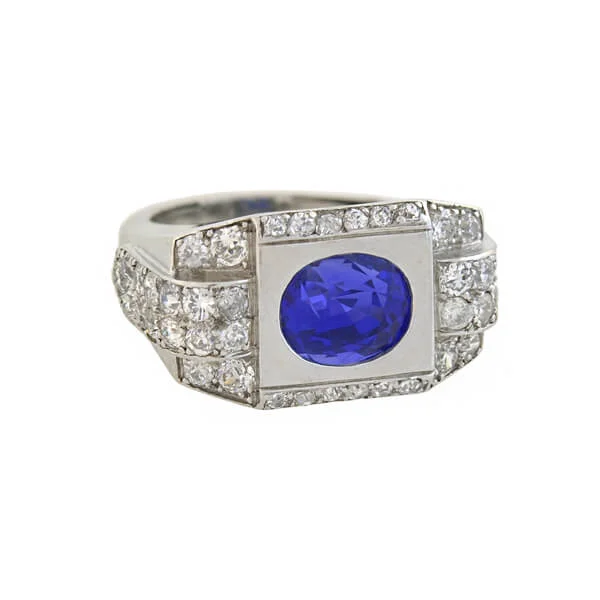 women’s custom-designed diamond rings-Late Art Deco French Platinum 4.30ct Natural Ceylon Sapphire Diamond Ring