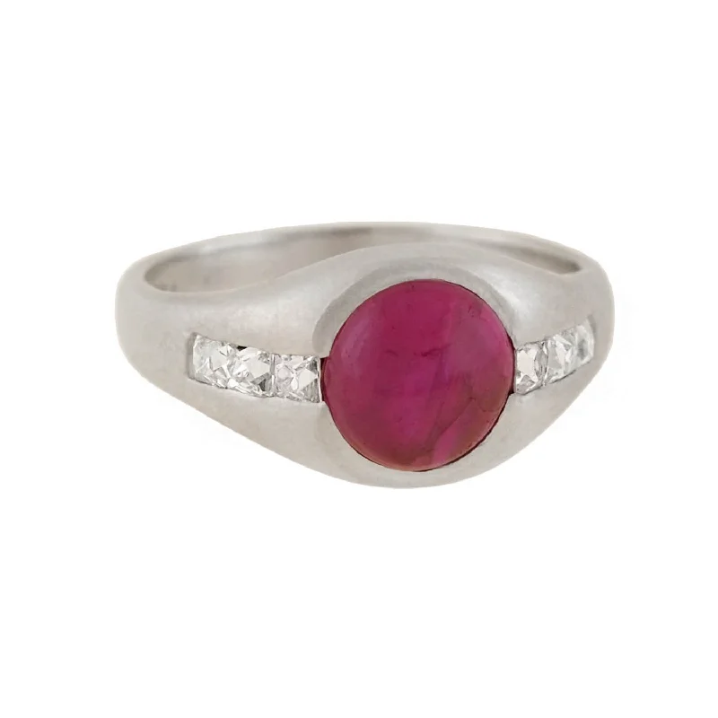 men’s and women’s engagement rings-Edwardian Platinum Burmese Ruby + French Cut Diamond Ring 1.50ct center