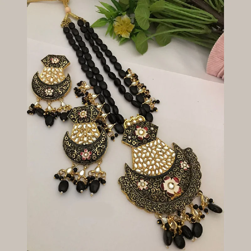 women’s oval-shaped necklaces-FS Collection Gold Plated Kundan Stone And Meenakari Long Necklace Set