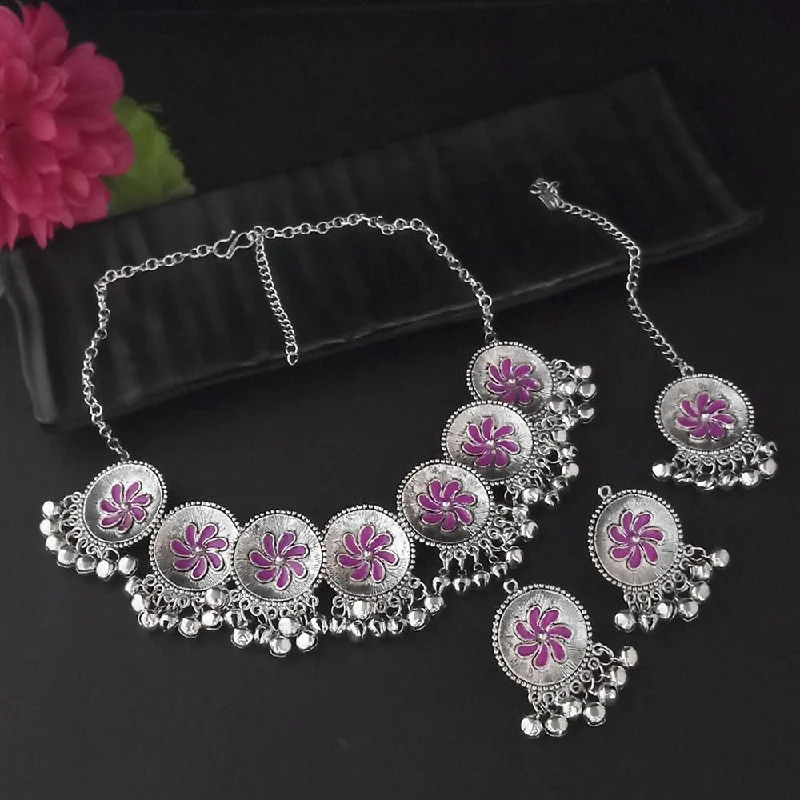 custom photo frame necklaces for women-Kriaa Oxidised Plated Pink Meenakari Necklace Set With Maang Tikka - 1116013C