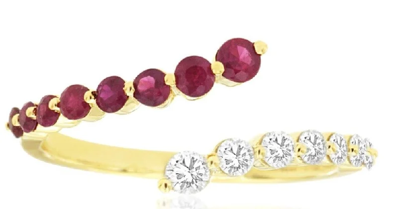 women’s engagement rings with large diamonds-14k yellow gold bypass 1/2 ruby 1/2 diamond ring size 7