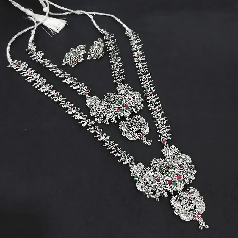 women’s birthstone necklaces-Kriaa Oxidised Plated Green & Pink Double Necklace Set - 1116008