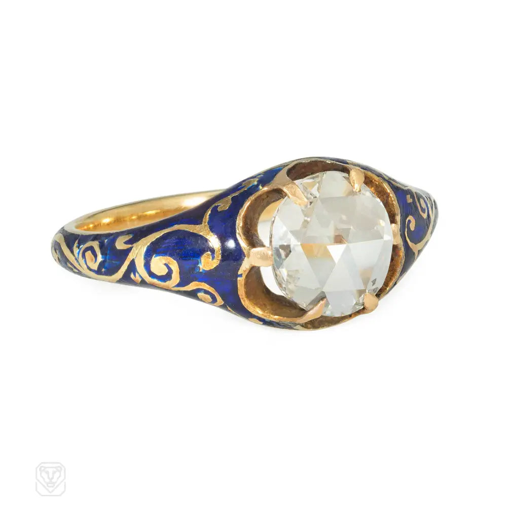 women’s engagement rings with large diamonds-Early Victorian blue enamel and diamond ring