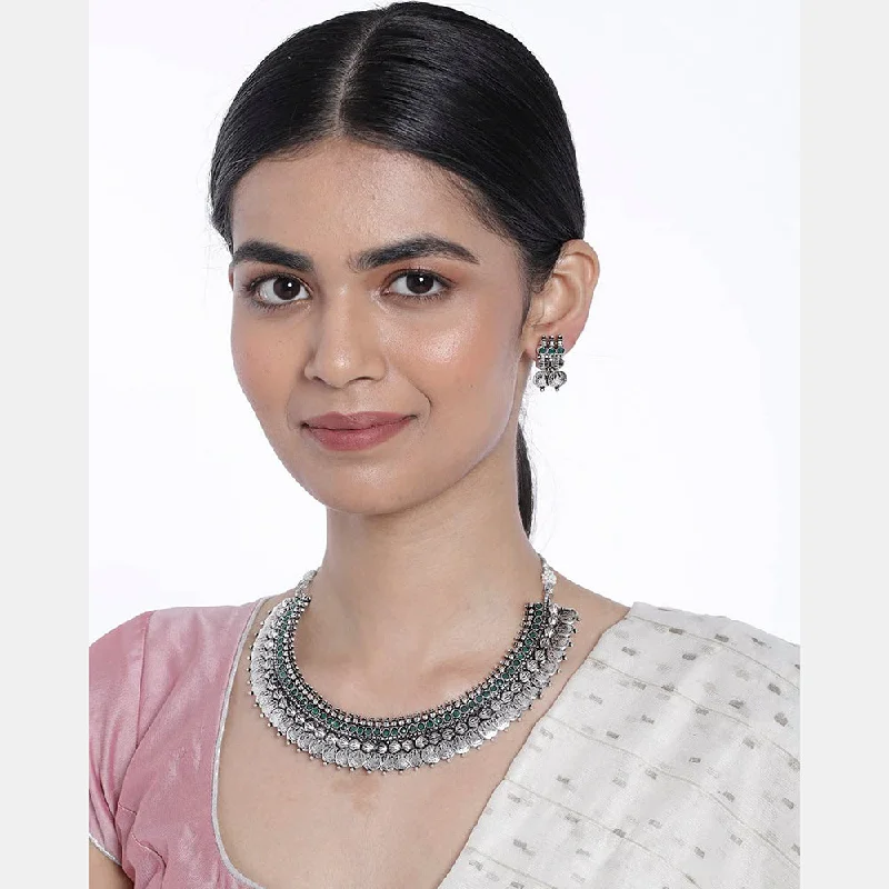 silver necklaces for women-Etnico 18K Silver Oxidised Traditional South Indian Style Coin Necklace With Earrings For Women & Girls (MC062ZG)