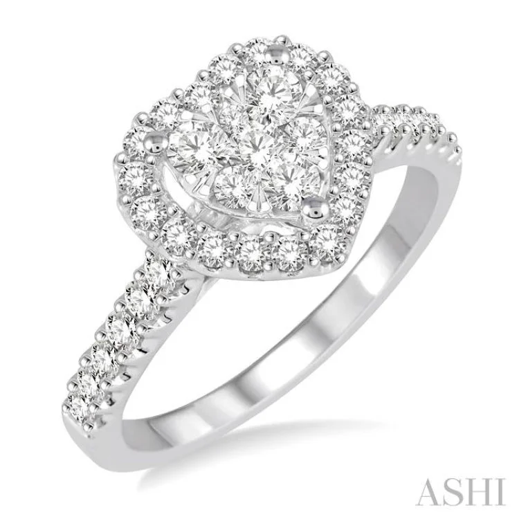 designer rings for women-1/2 Ctw Round Cut Diamond Heart Shape Lovebright Ring in 14K White Gold