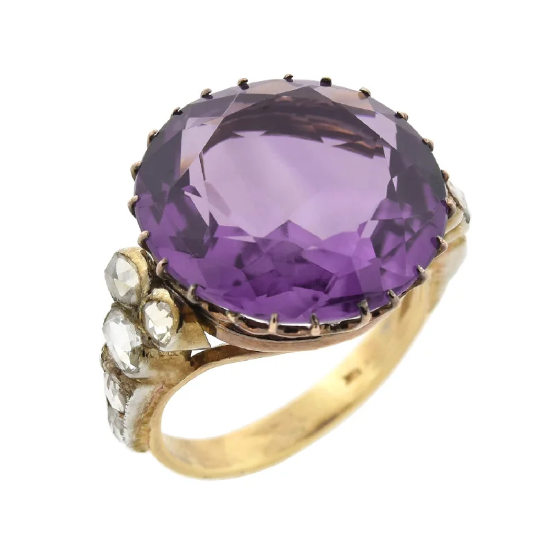 vintage-inspired engagement rings-Edwardian 14kt Large 14ct Amethyst + Diamond Ring