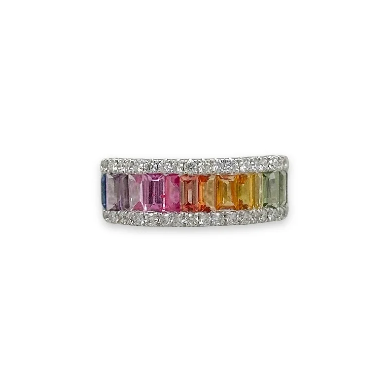 engagement rings with black diamonds-18K W Gold 2.26ctw Baguette Multicolor Sapphire 0.44ctw H/SI1 Diamond Ring