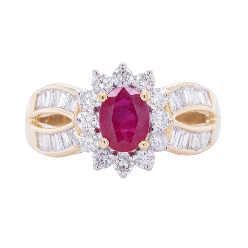 affordable engagement rings for women-Vintage 18k Yellow Gold 1.35ct Oval Ruby & 1.35ctw G VS2 Diamond Ring sz 10.5