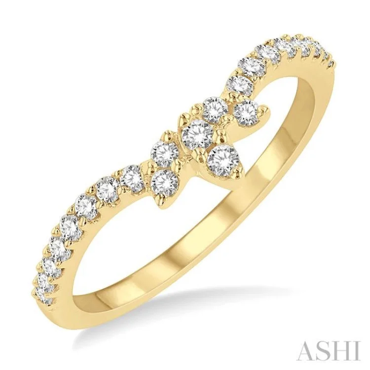 trendy rings for women-1/3 ctw Triple Marquise Centerpiece Round Cut Diamond Curved Wedding Band in 14K Yellow Gold