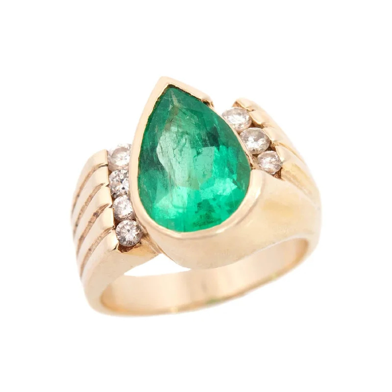 women’s designer engagement rings-Retro 14k 4ct Pear Colombian Emerald and Diamond Ring