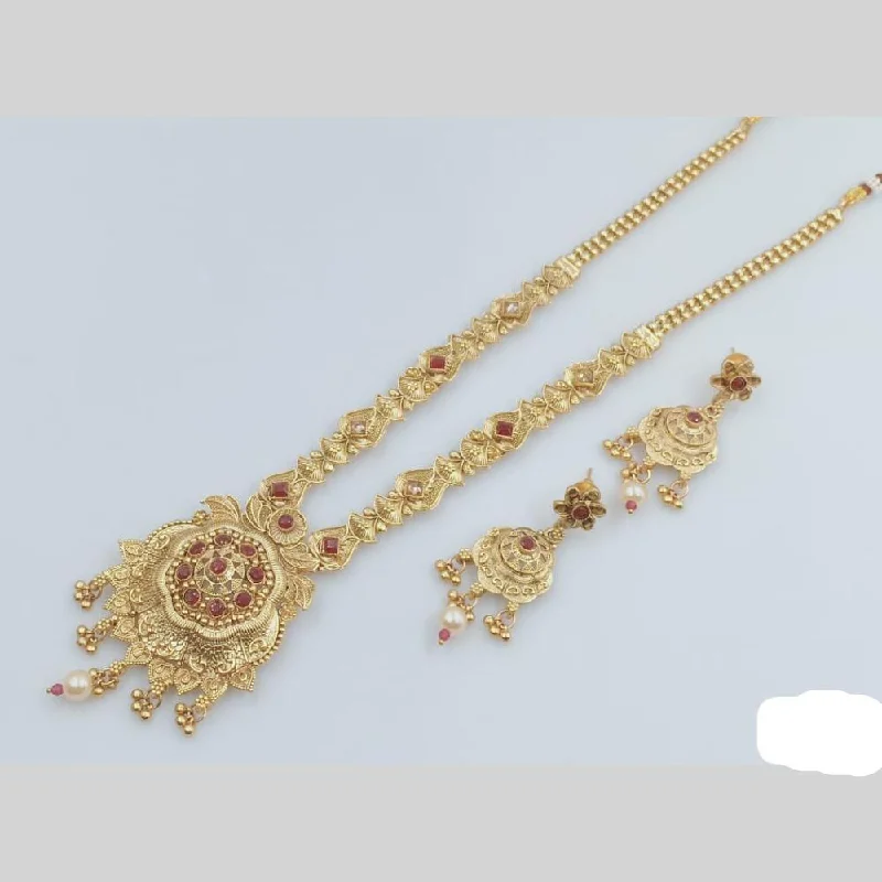 zodiac sign necklaces for women-Rani Sati Jewels Gold Plated Pota Stone And Pearl Long Necklace Set