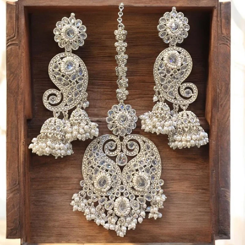 boho earrings for women-Hira Collections Silver Plated Crystal Stone And Pearls Jhumki Earrings With Maangtikka