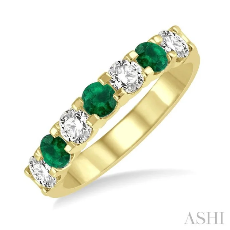 platinum rings for women-1/2 ctw Round Cut Diamond and 3.3MM Emerald Precious Wedding Band in 14K Yellow Gold