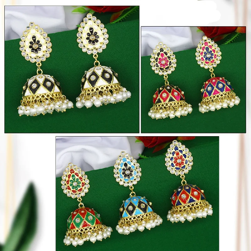 women’s zodiac earrings-Mahavir Gold Plated Meenakari And Kundan Jhumki Earrings Combo