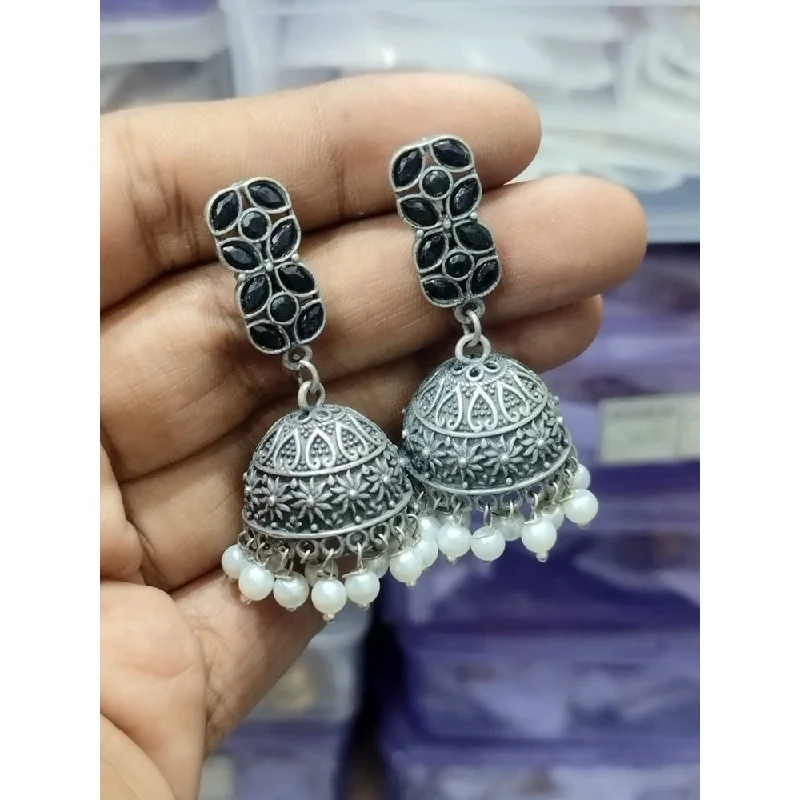 women’s sterling silver earrings-Akruti Collection Oxidised Plated Pota Stone Jhumki Earrings