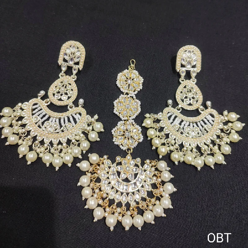 women’s teardrop earrings-Lucentarts Jewellery Gold Plated kundan & Beads Earrings With Maangtikka