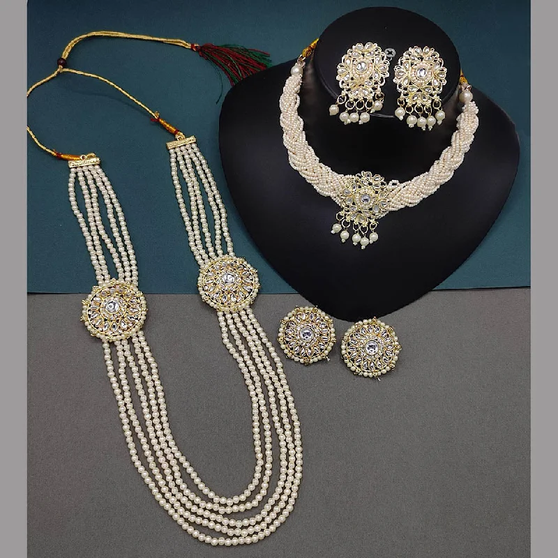 multi-layered necklaces for women-Lucentarts Jewellery Gold Plated Kundan Stone And Pearls Double Necklace Set