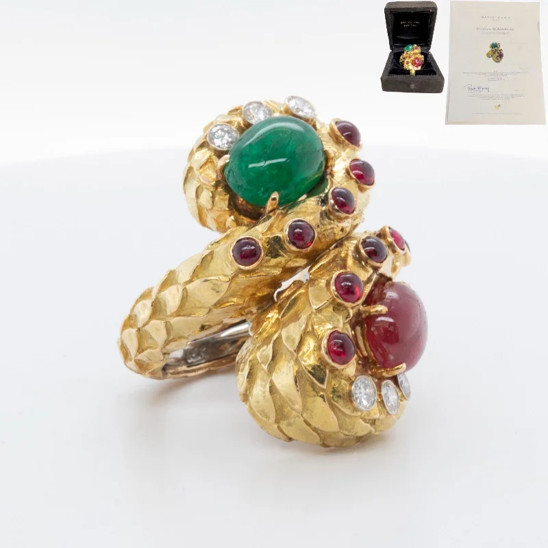 women’s rose gold engagement rings with diamonds-David Webb 18k Yellow Gold & Platinum Cabochon Emerald Ruby Diamond Ring sz 6.5