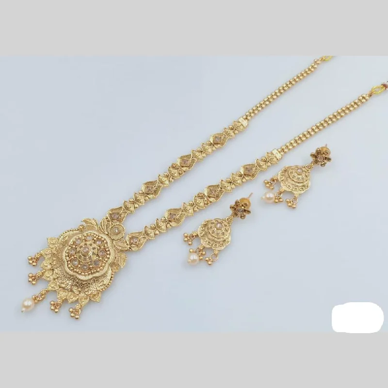 women’s diamond necklaces-Rani Sati Jewels Gold Plated Pota Stone And Pearl Long Necklace Set