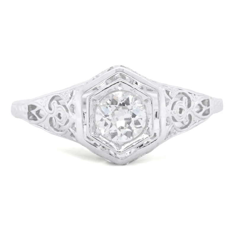 luxury engagement rings for women-Antique Art Deco 18k White Gold Solitaire Old Mine Diamond Ring 0.40ct sz 8.5