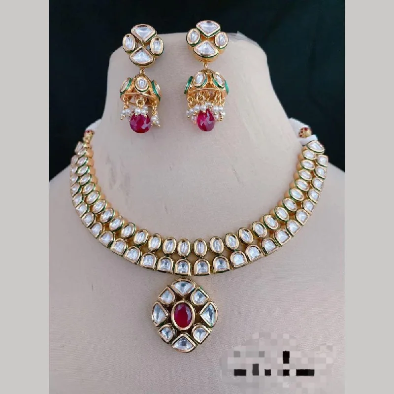 trendy gemstone necklaces for women-FS Collection Gold Plated  Kundan Stone Necklace Set