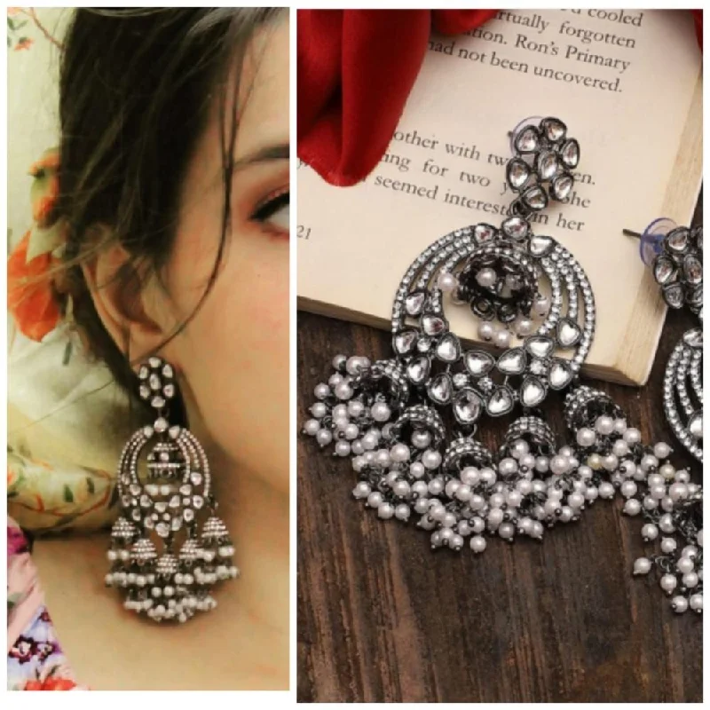 women’s geometric earrings-Akruti Collection Oxidised Plated Kundan And Pearl Dangler Earrings