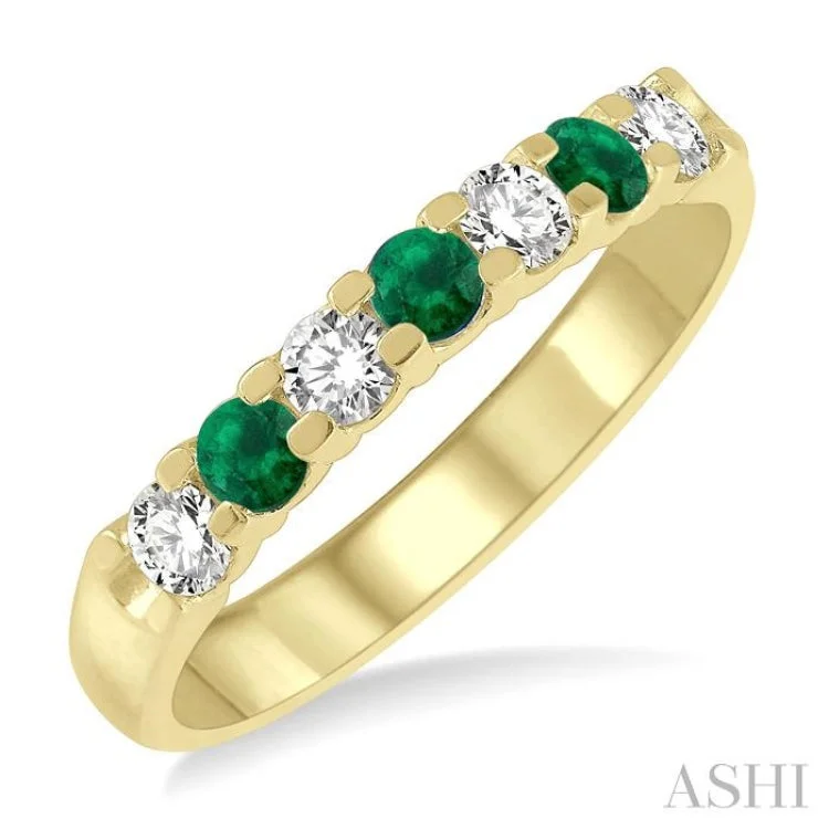 women’s fashion statement rings-3/8 ctw Round Cut Diamond and 3MM Emerald Precious Wedding Band in 14K Yellow Gold